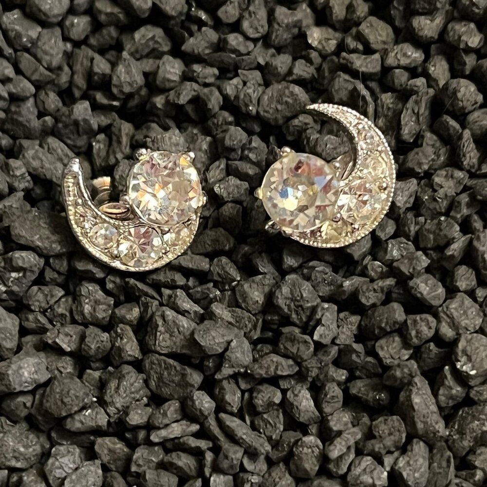 Vintage Bogoff Clear Rhinestone Twist-Back Crescent Moon Earrings